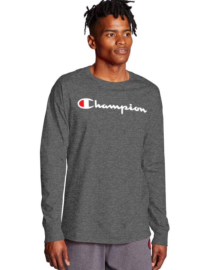 Champion Classic Long-Sleeve Script Logo - Miesten TummanHarmaat T-Paita - Suomi 7685204-FO